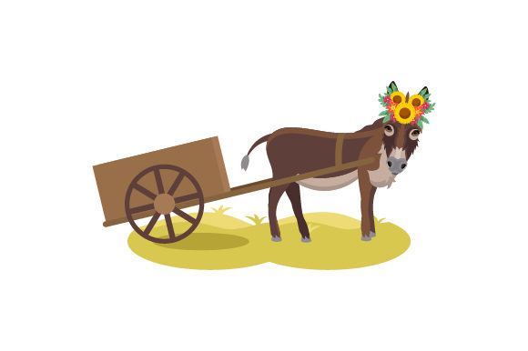 Donkey with Floral Headband Pulling a Cart