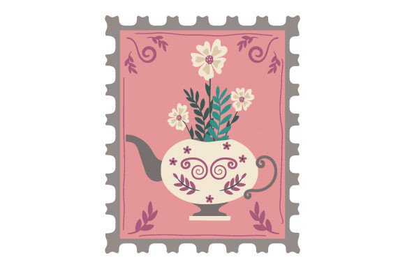 Floral Teapot with Spring Flowers Vintage Postage Stamp